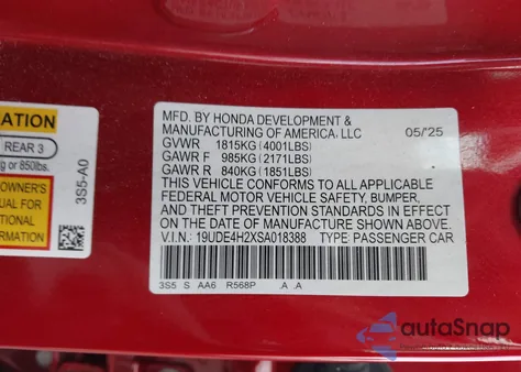 2025 Acura Integra z USA, uszkodzony, nr VIN 19UDE4H2XSA018388